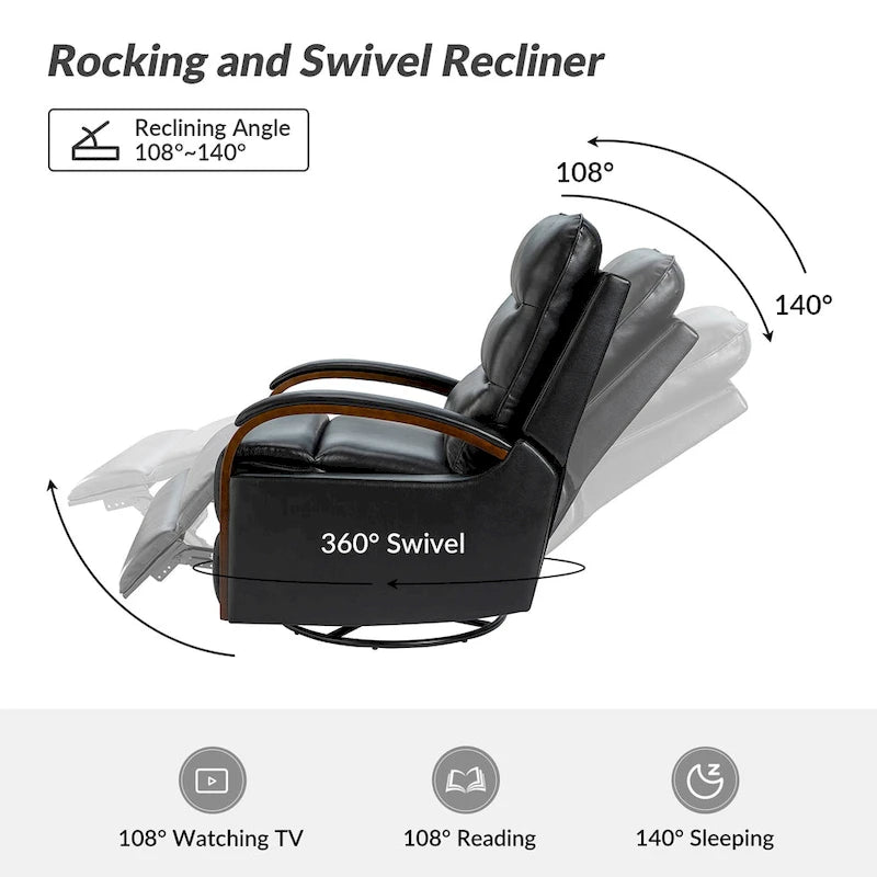 Fauteuil inclinable pivotant en cuir véritable avec accoudoirs en bois