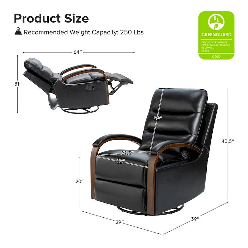 Fauteuil inclinable pivotant en cuir véritable avec accoudoirs en bois