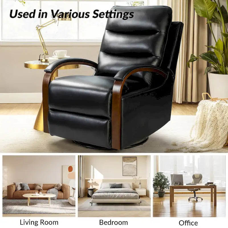 Fauteuil inclinable pivotant en cuir véritable avec accoudoirs en bois