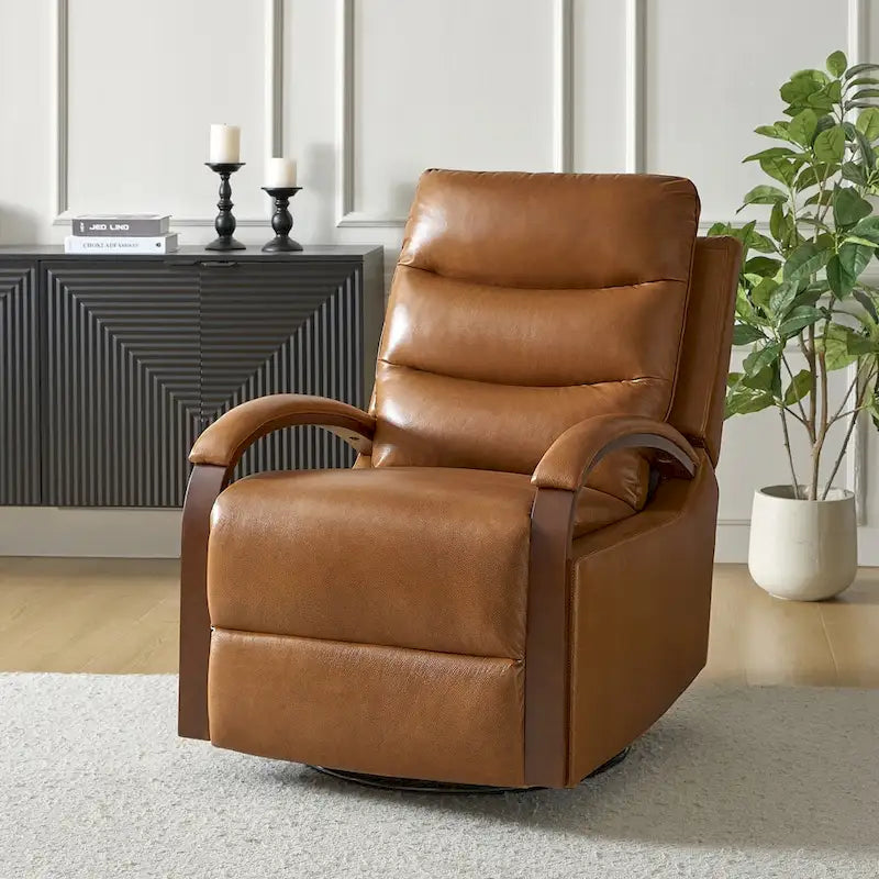 Fauteuil inclinable pivotant en cuir véritable avec accoudoirs en bois