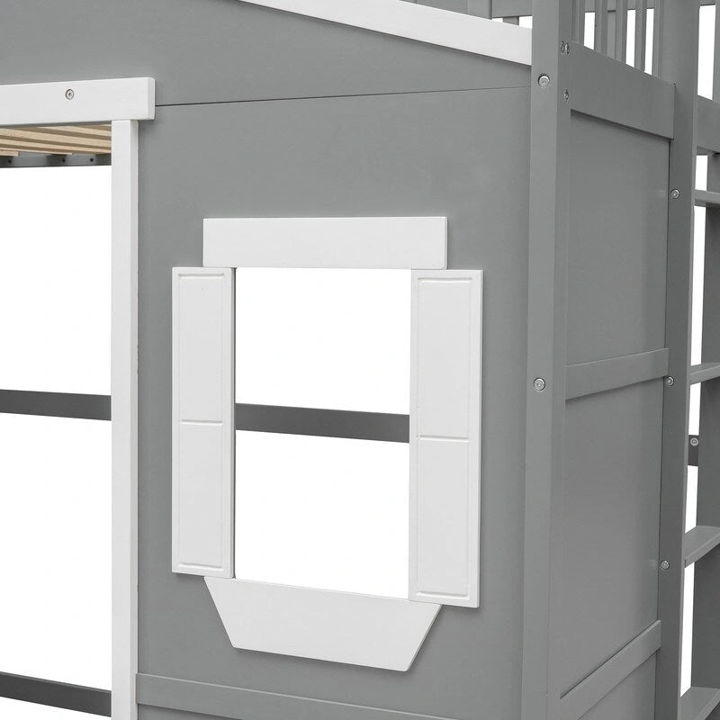 Lit cabane pour enfants, lit mezzanine double, cadre de lit mezzanine en bois massif avec fenêtre et échelle