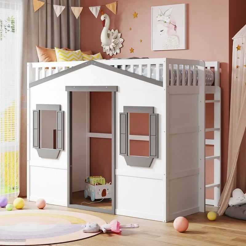 Lit cabane pour enfants, lit mezzanine double, cadre de lit mezzanine en bois massif avec fenêtre et échelle