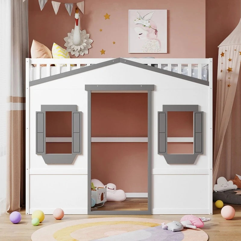 Lit cabane pour enfants, lit mezzanine double, cadre de lit mezzanine en bois massif avec fenêtre et échelle