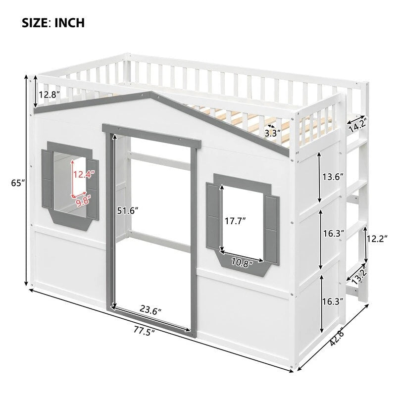 Lit cabane pour enfants, lit mezzanine double, cadre de lit mezzanine en bois massif avec fenêtre et échelle