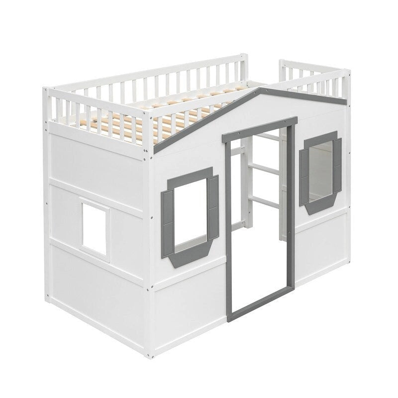 Lit cabane pour enfants, lit mezzanine double, cadre de lit mezzanine en bois massif avec fenêtre et échelle