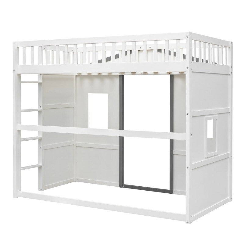Lit cabane pour enfants, lit mezzanine double, cadre de lit mezzanine en bois massif avec fenêtre et échelle
