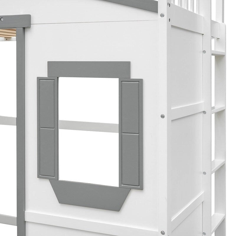 Lit cabane pour enfants, lit mezzanine double, cadre de lit mezzanine en bois massif avec fenêtre et échelle