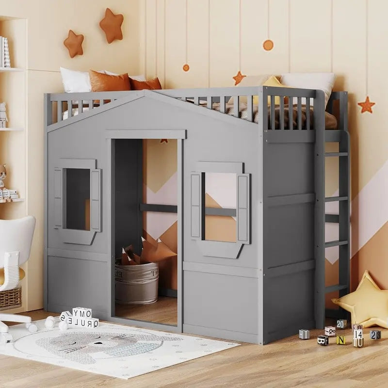 Lit cabane pour enfants, lit mezzanine double, cadre de lit mezzanine en bois massif avec fenêtre et échelle