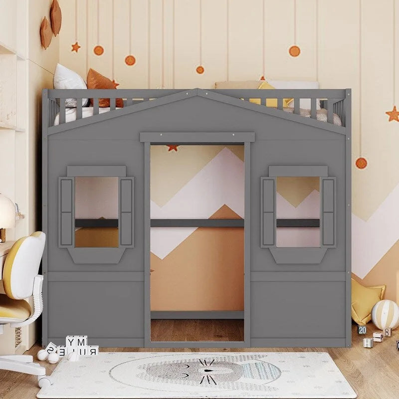 Lit cabane pour enfants, lit mezzanine double, cadre de lit mezzanine en bois massif avec fenêtre et échelle