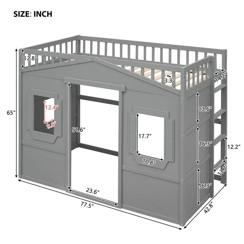Lit cabane pour enfants, lit mezzanine double, cadre de lit mezzanine en bois massif avec fenêtre et échelle