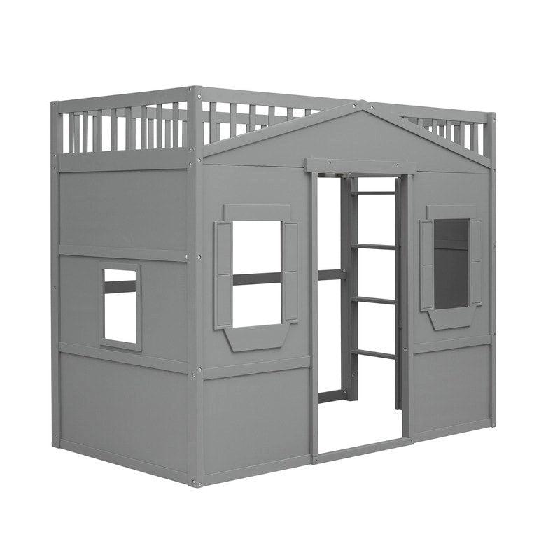 Lit cabane pour enfants, lit mezzanine double, cadre de lit mezzanine en bois massif avec fenêtre et échelle