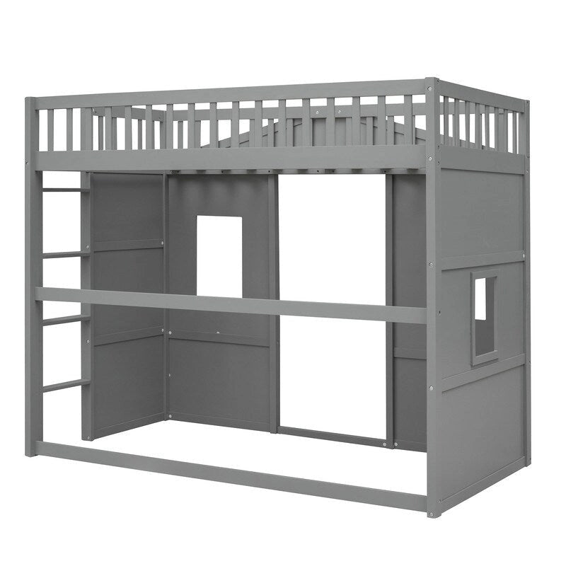 Lit cabane pour enfants, lit mezzanine double, cadre de lit mezzanine en bois massif avec fenêtre et échelle