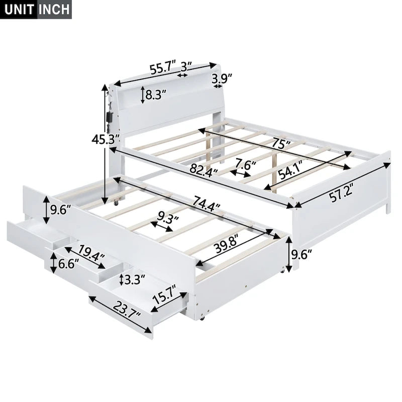 Lit plateforme pleine grandeur avec tête de lit LED de rangement, lit gigogne simple et 3 tiroirs, blanc