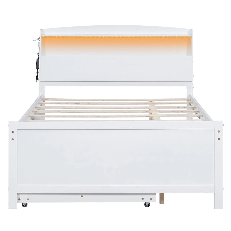 Lit plateforme pleine grandeur avec tête de lit LED de rangement, lit gigogne simple et 3 tiroirs, blanc