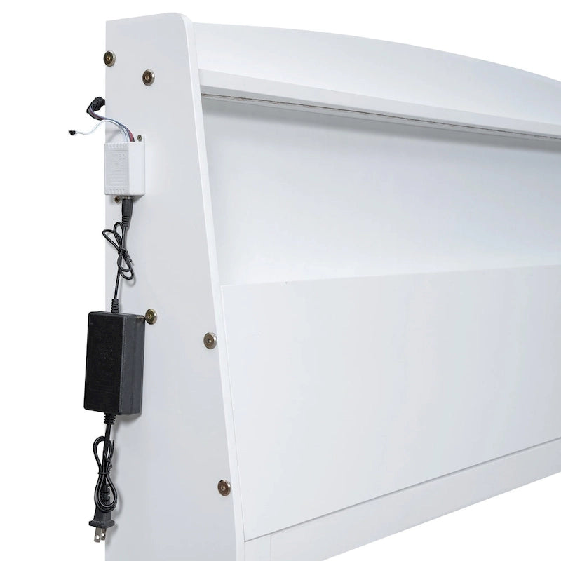 Lit plateforme pleine grandeur avec tête de lit LED de rangement, lit gigogne simple et 3 tiroirs, blanc