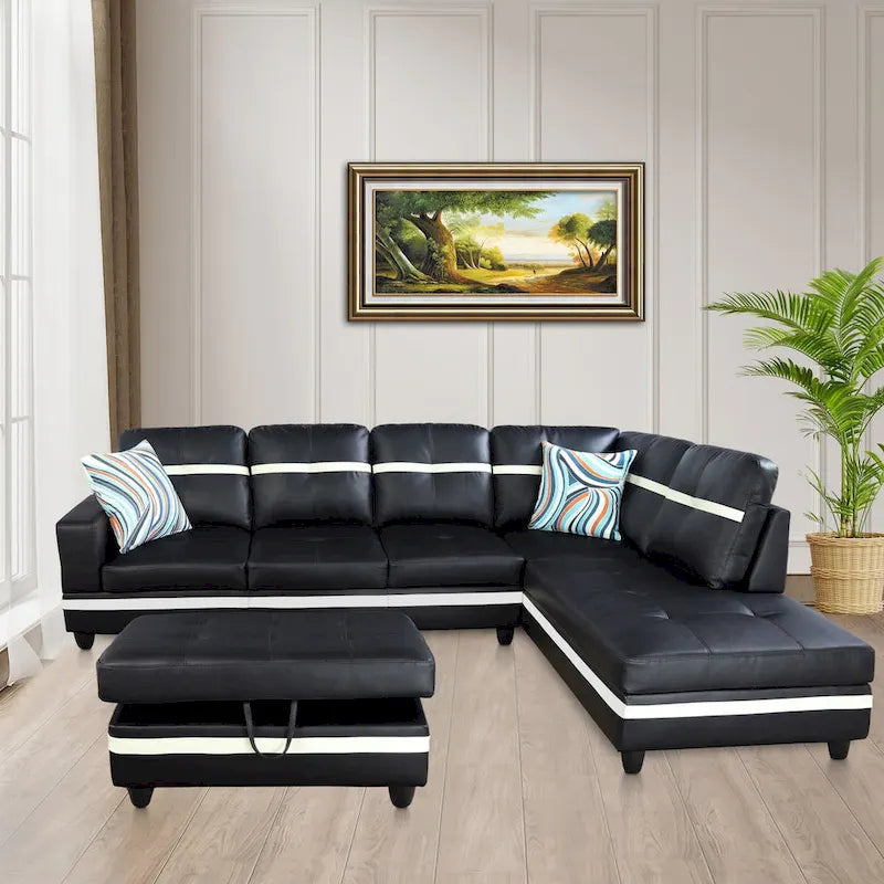 Ensemble de canapé de salon en similicuir en forme de L avec pouf, 3 pièces