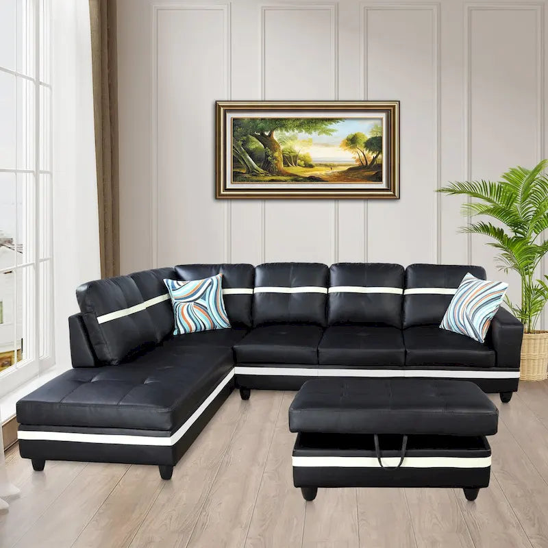 Ensemble de canapé de salon en similicuir en forme de L avec pouf, 3 pièces
