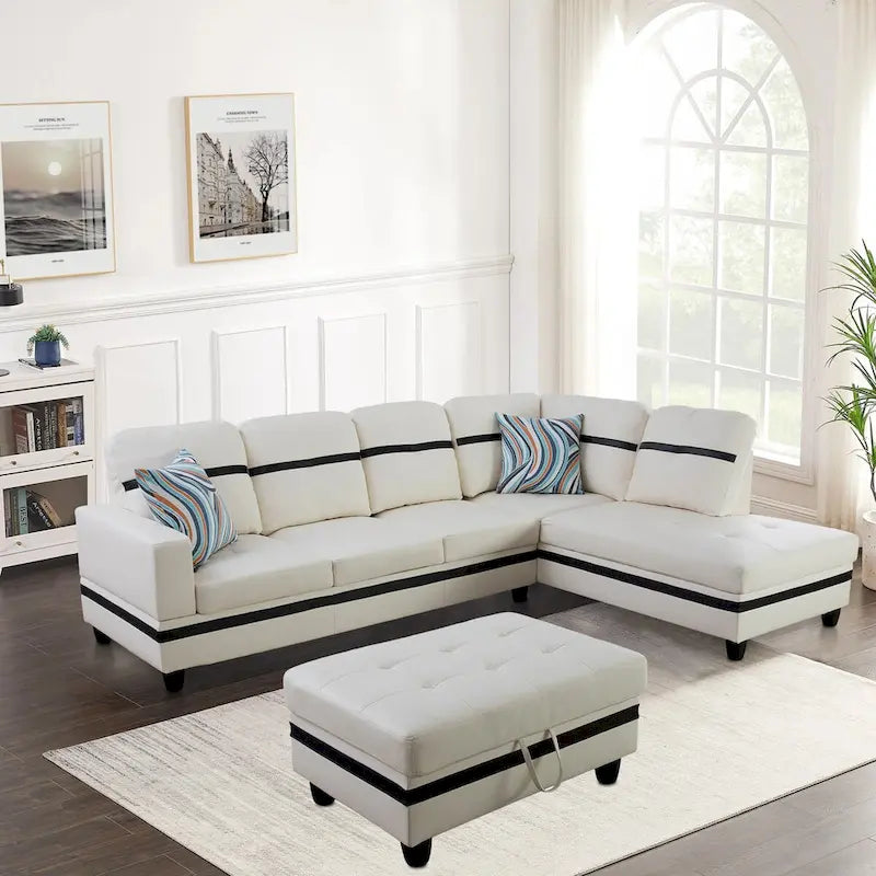 Ensemble de canapé de salon en similicuir en forme de L avec pouf, 3 pièces