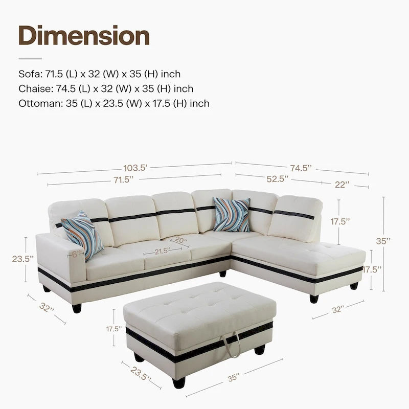 Ensemble de canapé de salon en similicuir en forme de L avec pouf, 3 pièces