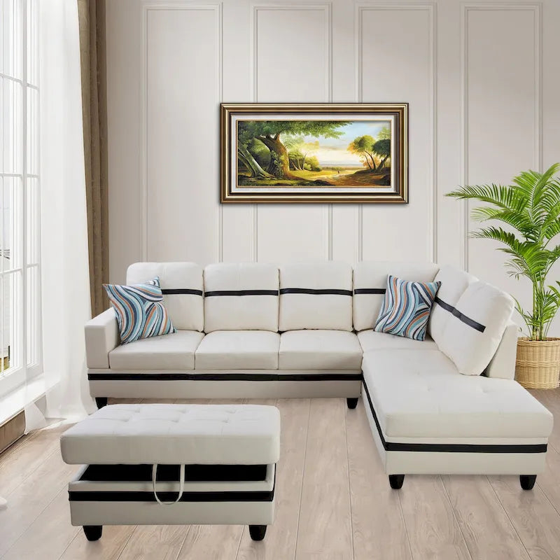 Ensemble de canapé de salon en similicuir en forme de L avec pouf, 3 pièces