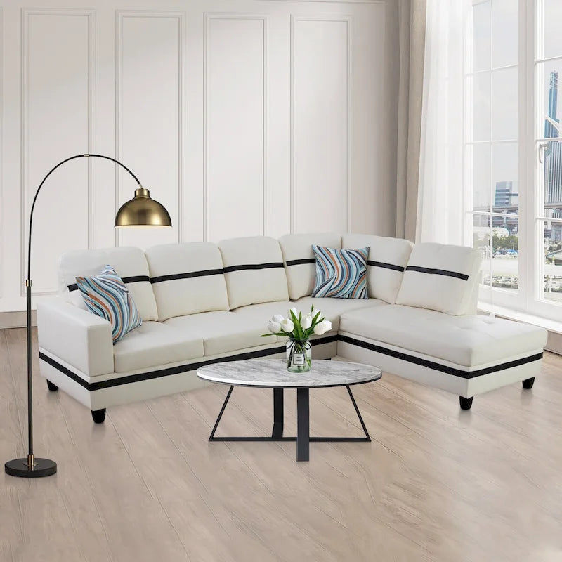 Ensemble de canapé de salon en similicuir en forme de L avec pouf, 3 pièces