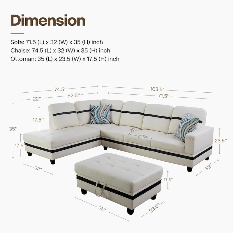 Ensemble de canapé de salon en similicuir en forme de L avec pouf, 3 pièces