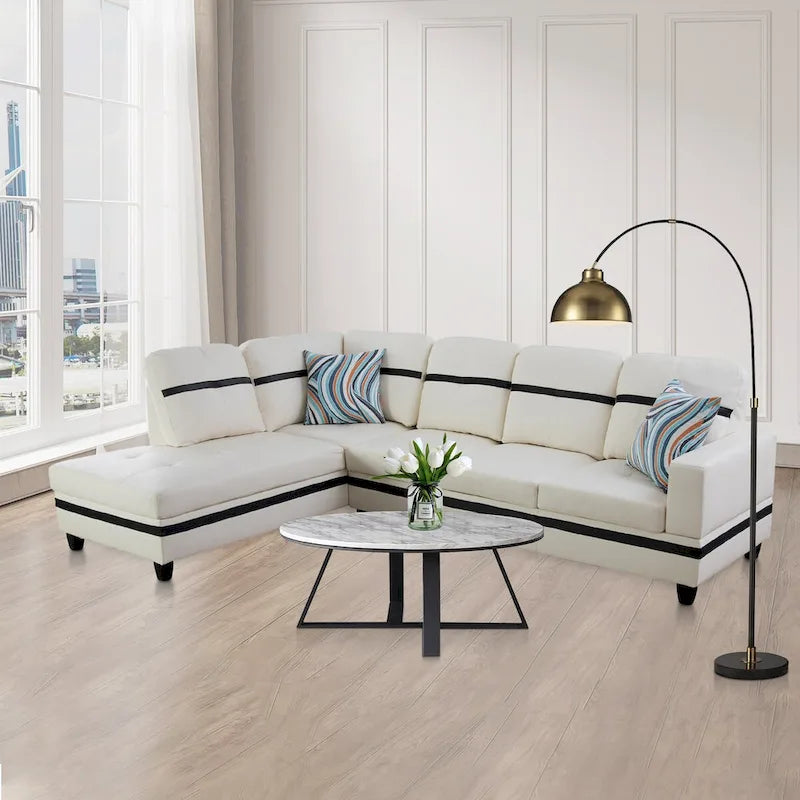 Ensemble de canapé de salon en similicuir en forme de L avec pouf, 3 pièces