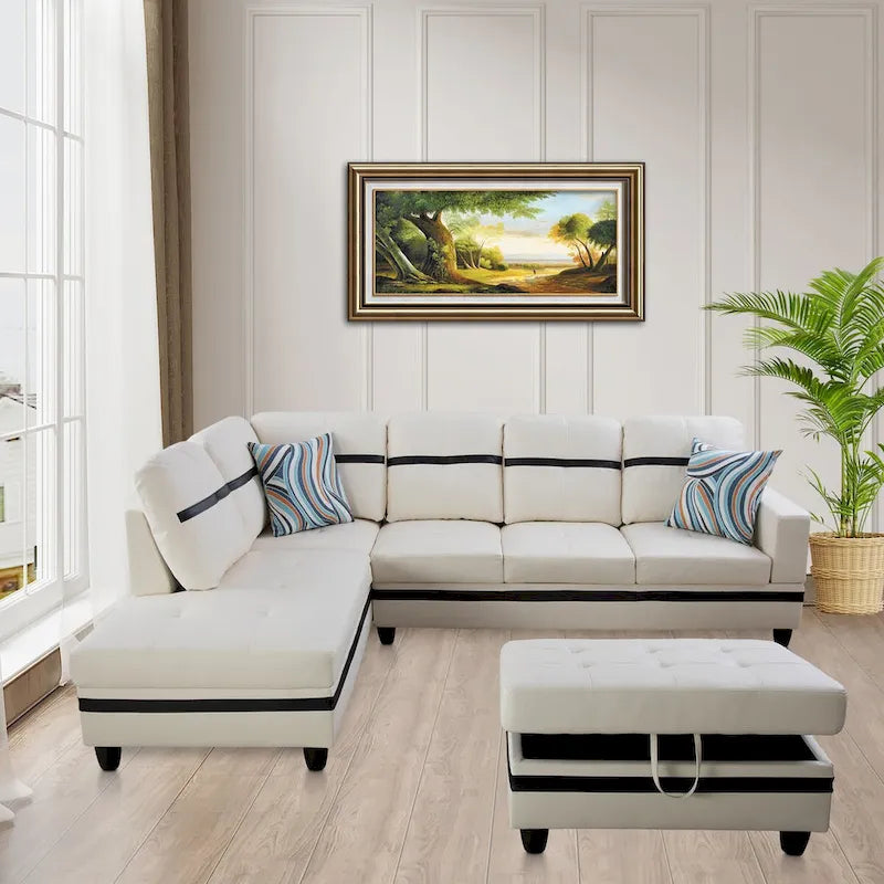 Ensemble de canapé de salon en similicuir en forme de L avec pouf, 3 pièces