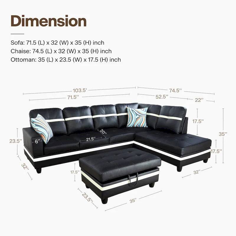 Ensemble de canapé de salon en similicuir en forme de L avec pouf, 3 pièces
