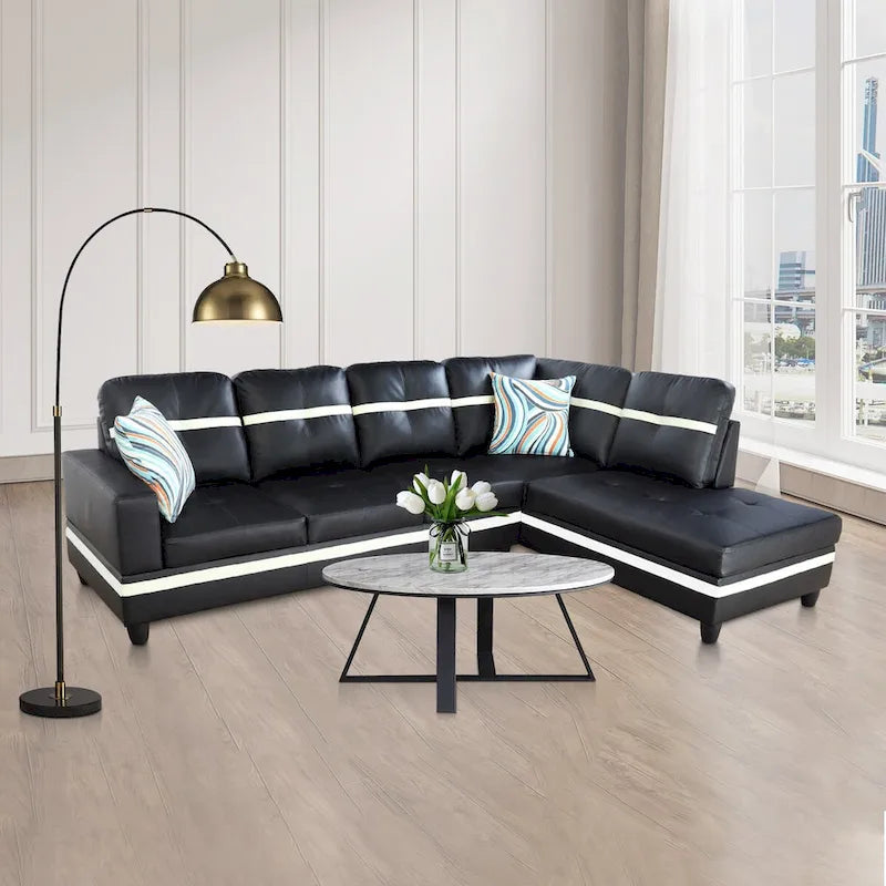 Ensemble de canapé de salon en similicuir en forme de L avec pouf, 3 pièces