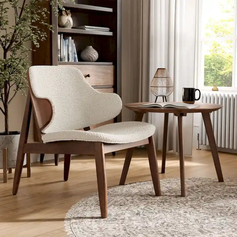 Ensemble de 2 pièces de fauteuil d'appoint et de table en noyer et tissu bouclé de style Mid-Century
