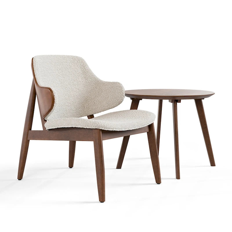 Ensemble de 2 pièces de fauteuil d'appoint et de table en noyer et tissu bouclé de style Mid-Century
