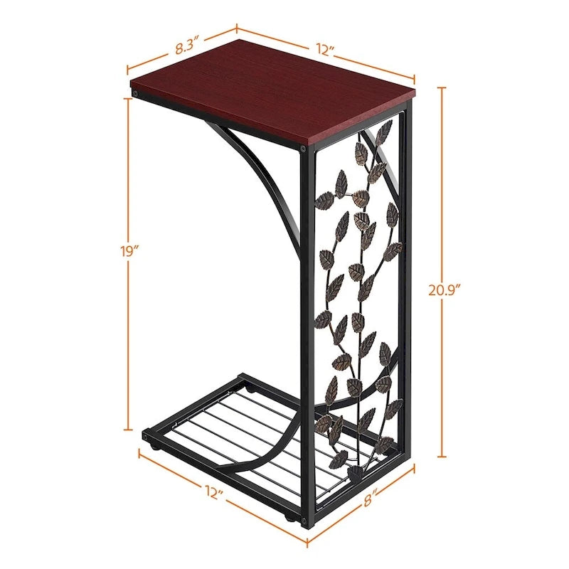 Tables d'appoint en forme de C en bois et métal avec motif de feuilles, lot de 2