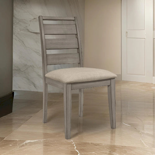 Rie 25 Inch Side Dining Chairs Set of 2, Gray Ladder Back, Greige Padded Fabric Seat