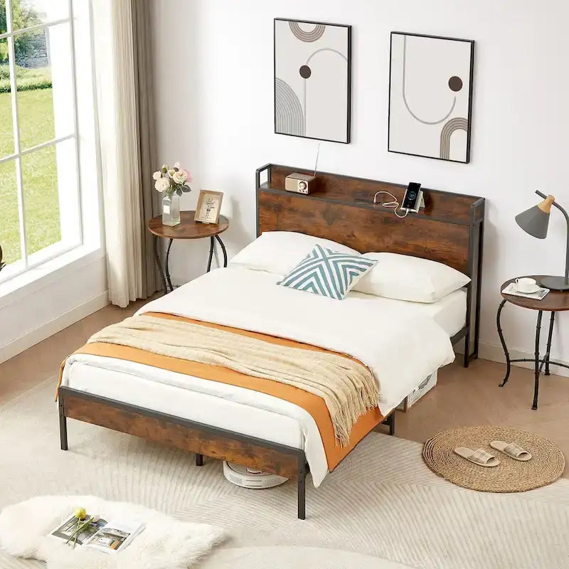 Cadre de lit double avec station de recharge, panneaux de particules, marron rustique