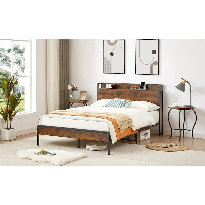 Cadre de lit double avec station de recharge, panneaux de particules, marron rustique
