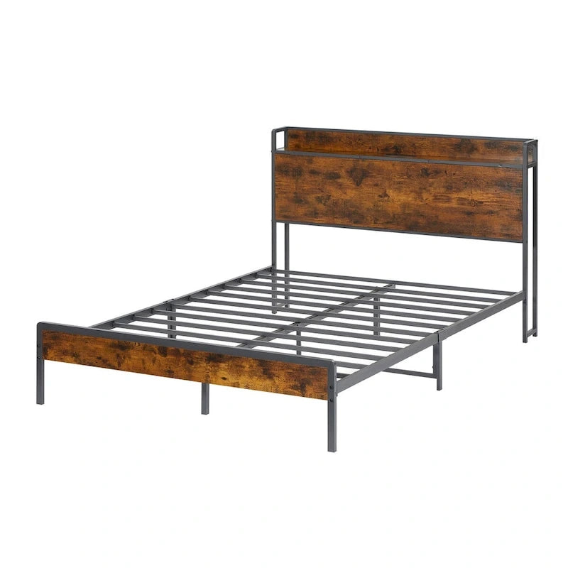 Cadre de lit double avec station de recharge, panneaux de particules, marron rustique