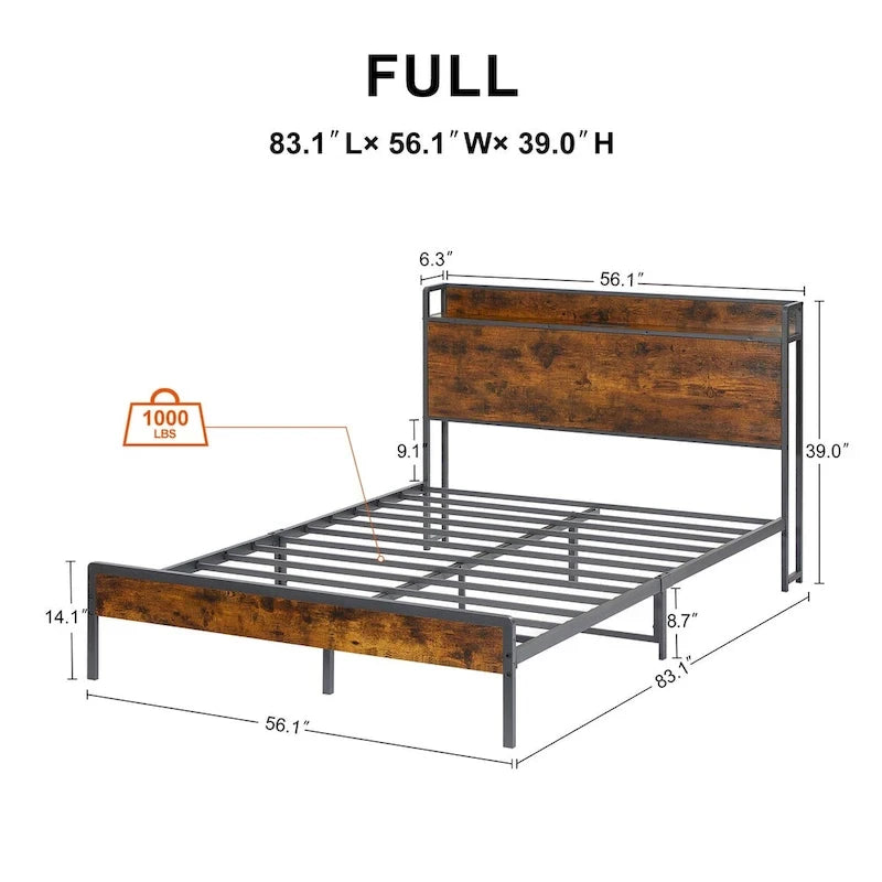 Cadre de lit double avec station de recharge, panneaux de particules, marron rustique