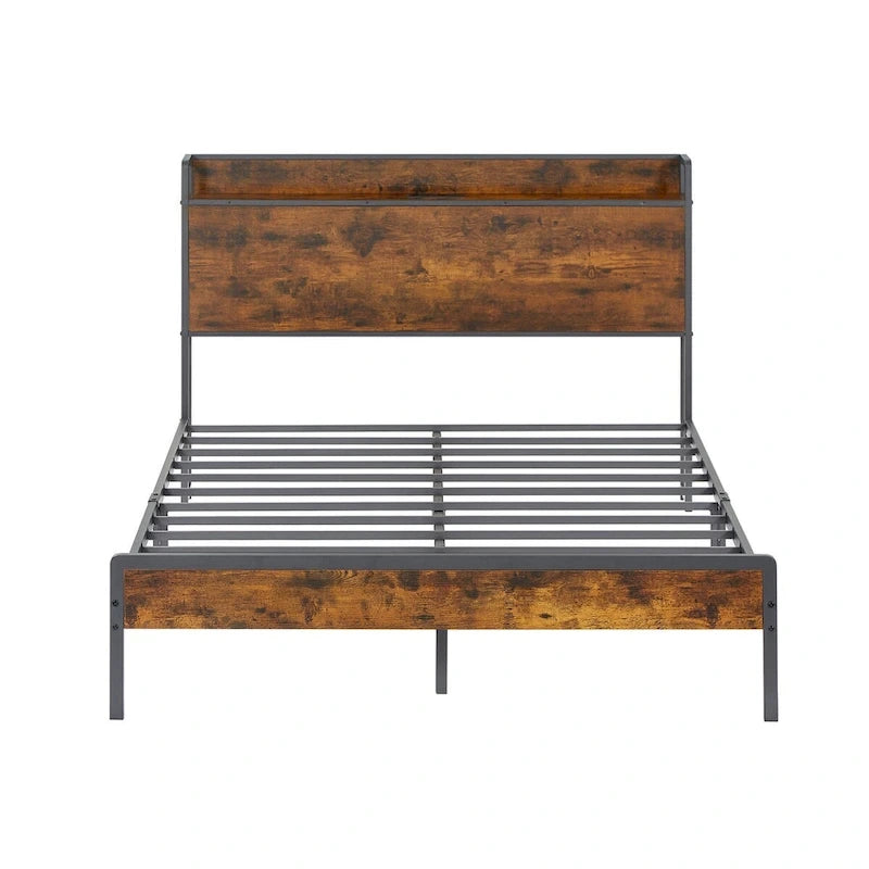 Cadre de lit double avec station de recharge, panneaux de particules, marron rustique