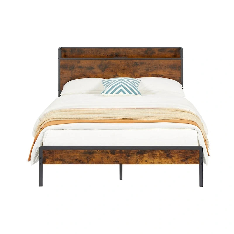 Cadre de lit double avec station de recharge, panneaux de particules, marron rustique
