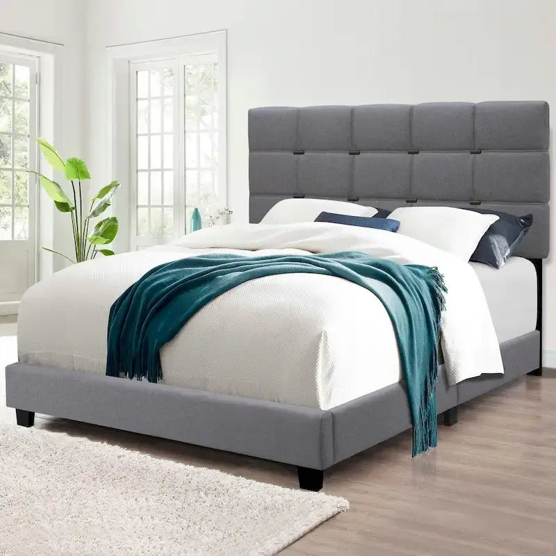 Cadre de lit tapissé réglable Queen Size, élégant, durable et résistant à la saleté, pas besoin de matelas à ressorts encombrants