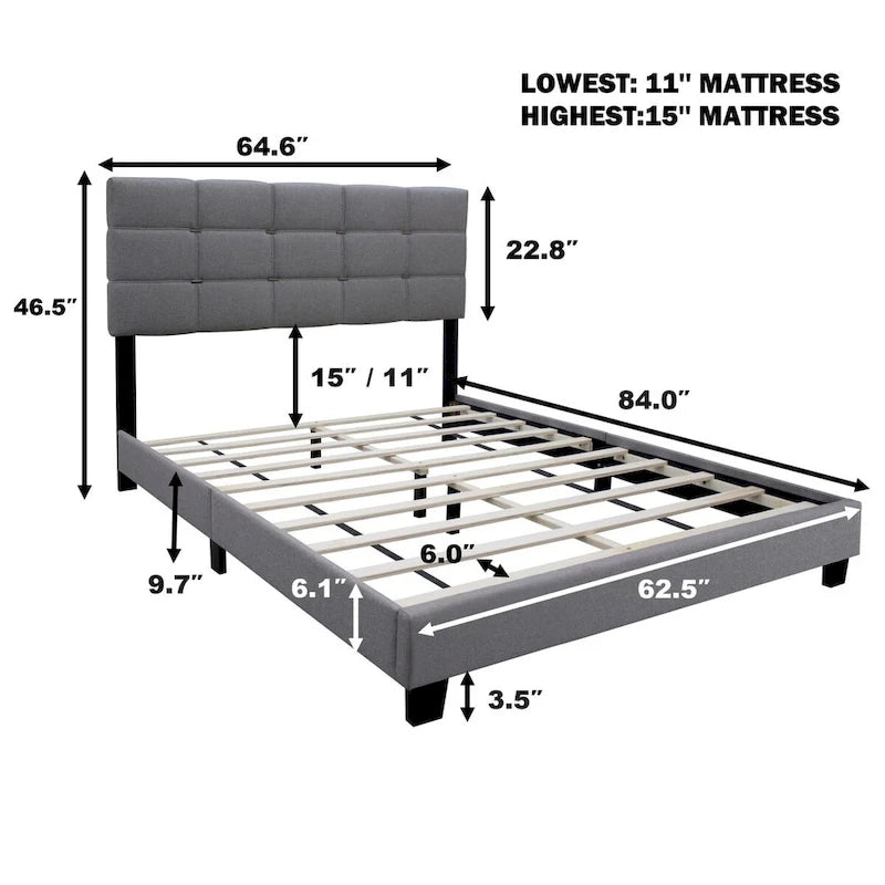 Cadre de lit tapissé réglable Queen Size, élégant, durable et résistant à la saleté, pas besoin de matelas à ressorts encombrants