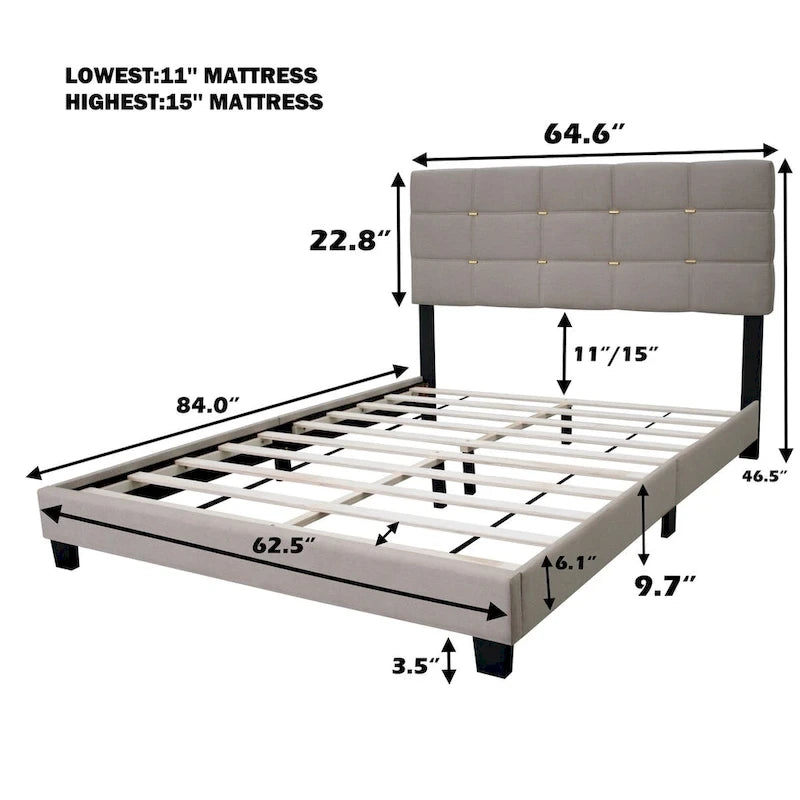 Cadre de lit tapissé réglable Queen Size, élégant, durable et résistant à la saleté, pas besoin de matelas à ressorts encombrants