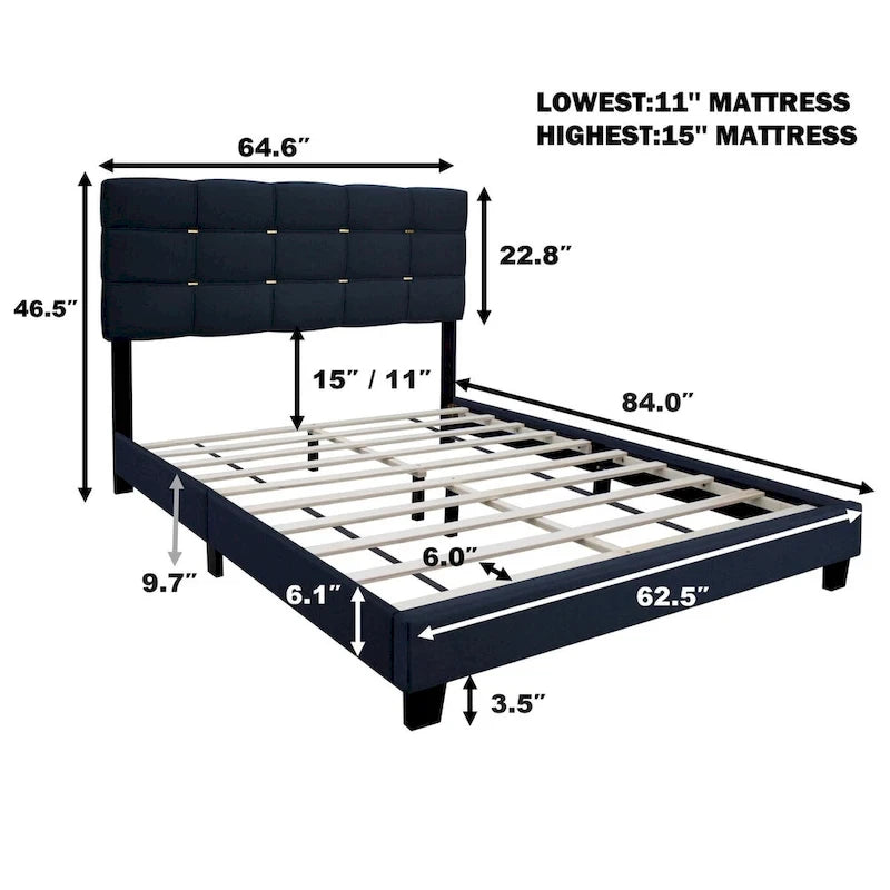 Cadre de lit tapissé réglable Queen Size, élégant, durable et résistant à la saleté, pas besoin de matelas à ressorts encombrants