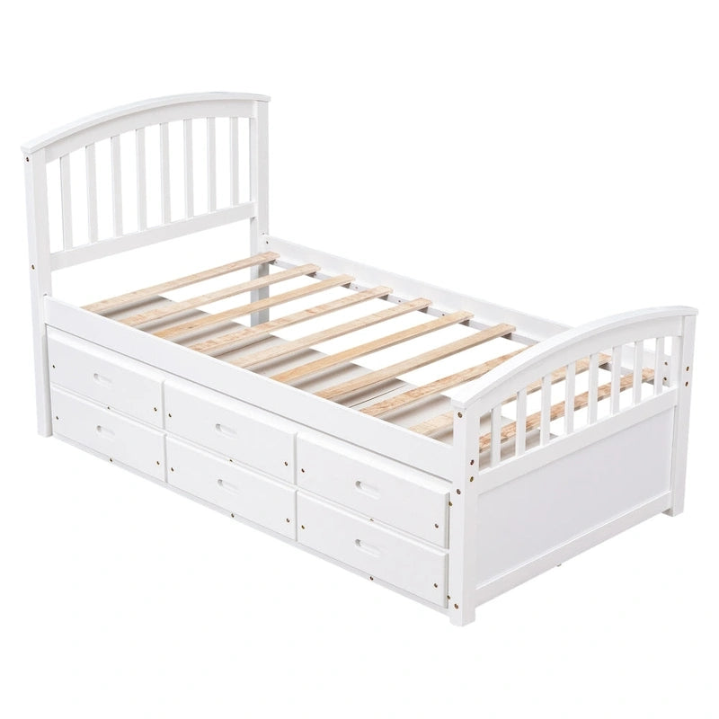 Lit plateforme de rangement double en bois massif avec 6 tiroirs