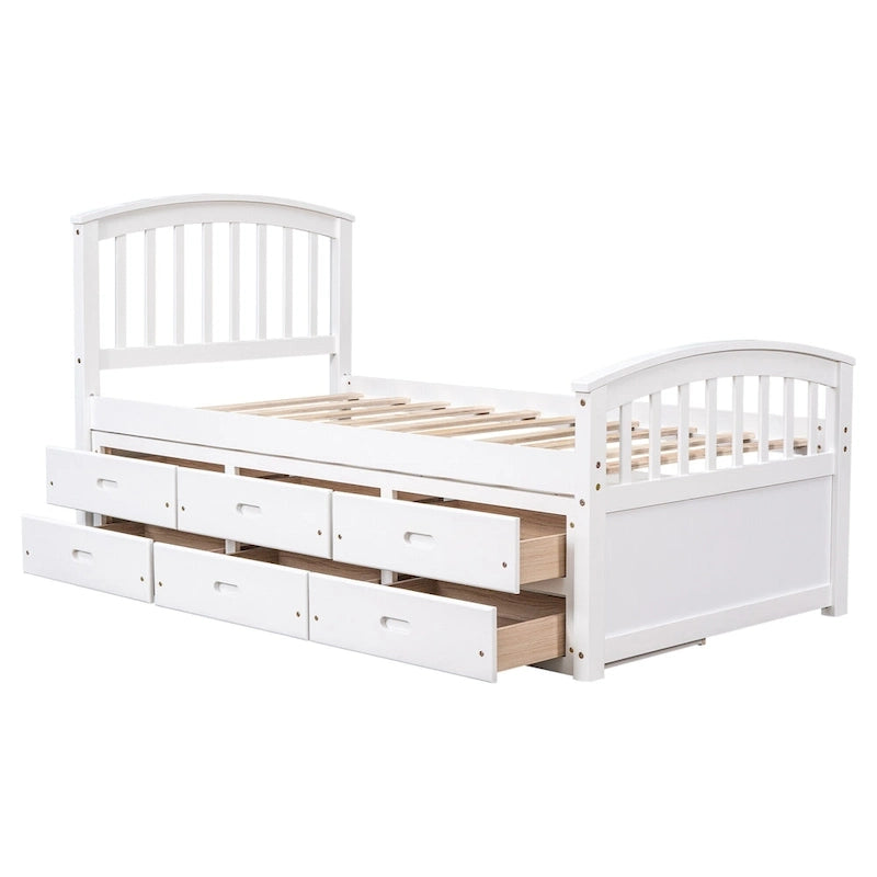 Lit plateforme de rangement double en bois massif avec 6 tiroirs