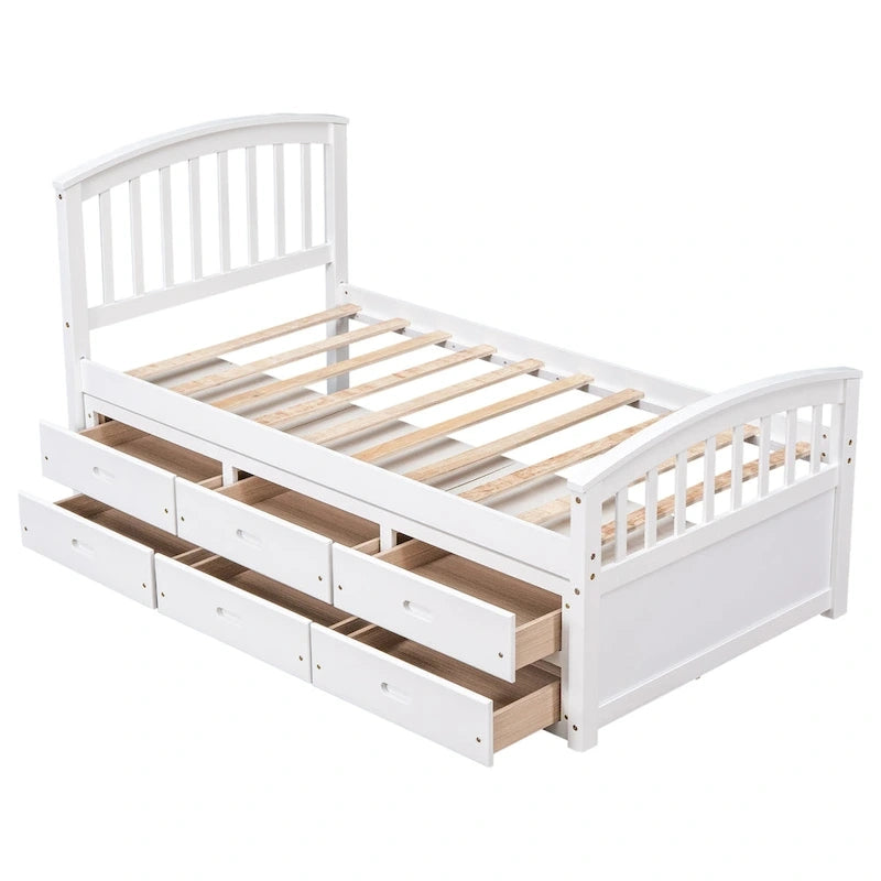 Lit plateforme de rangement double en bois massif avec 6 tiroirs