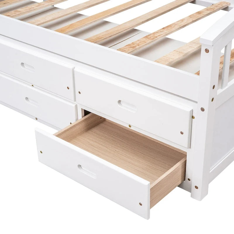 Lit plateforme de rangement double en bois massif avec 6 tiroirs