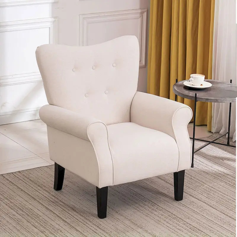Fauteuil à oreilles, fauteuil rembourré à dossier haut avec pieds en bois, blanc cassé