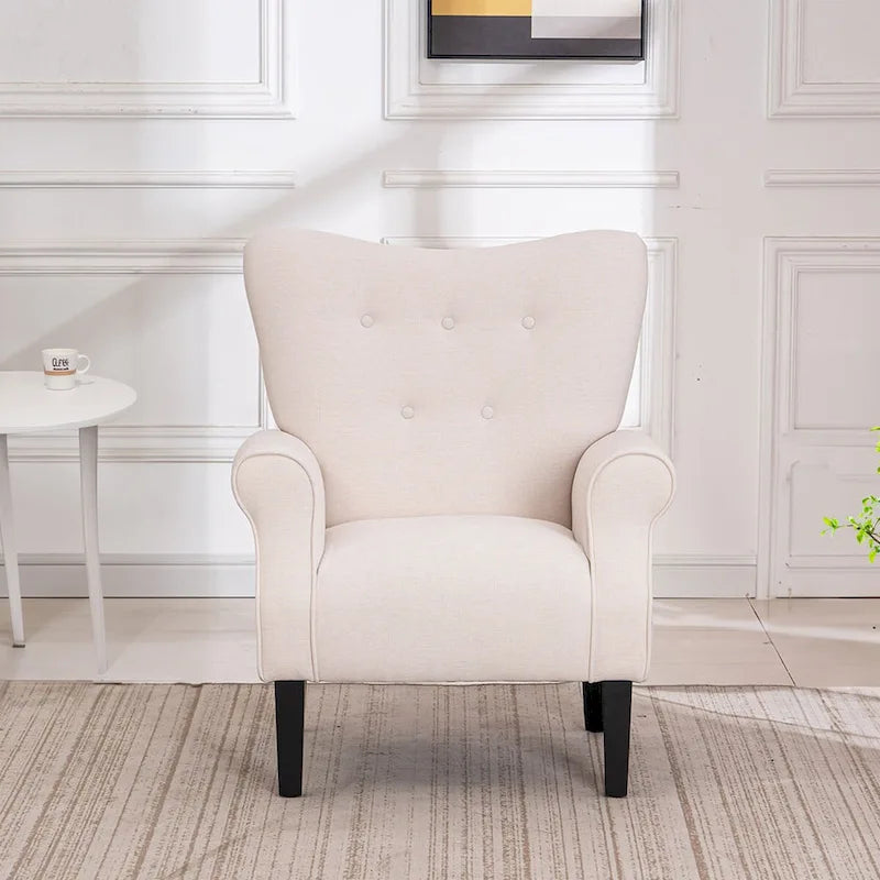 Fauteuil à oreilles, fauteuil rembourré à dossier haut avec pieds en bois, blanc cassé
